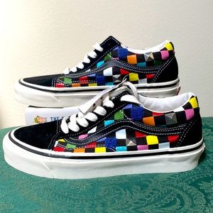 Rainbow checker board, metal studded, chiffon raised, low rise Vans sneakers